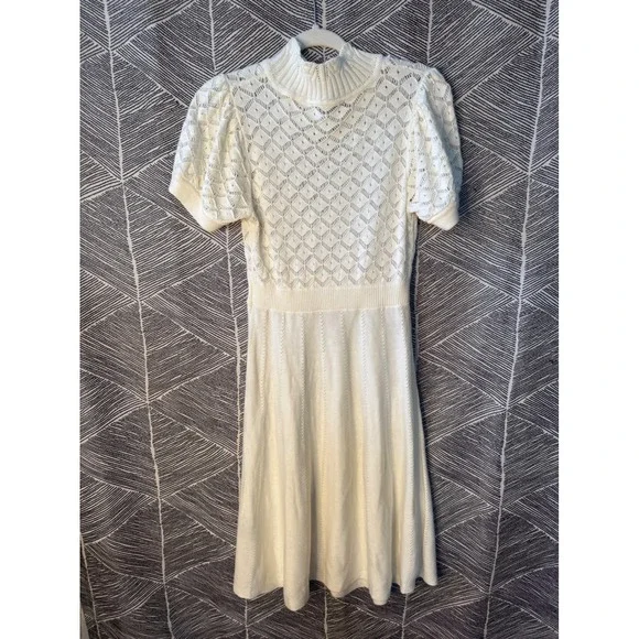 Ivory Knit Dress Short Sleeve Mock Neck Diamond Pattern‎ L - Picture 5 of 10